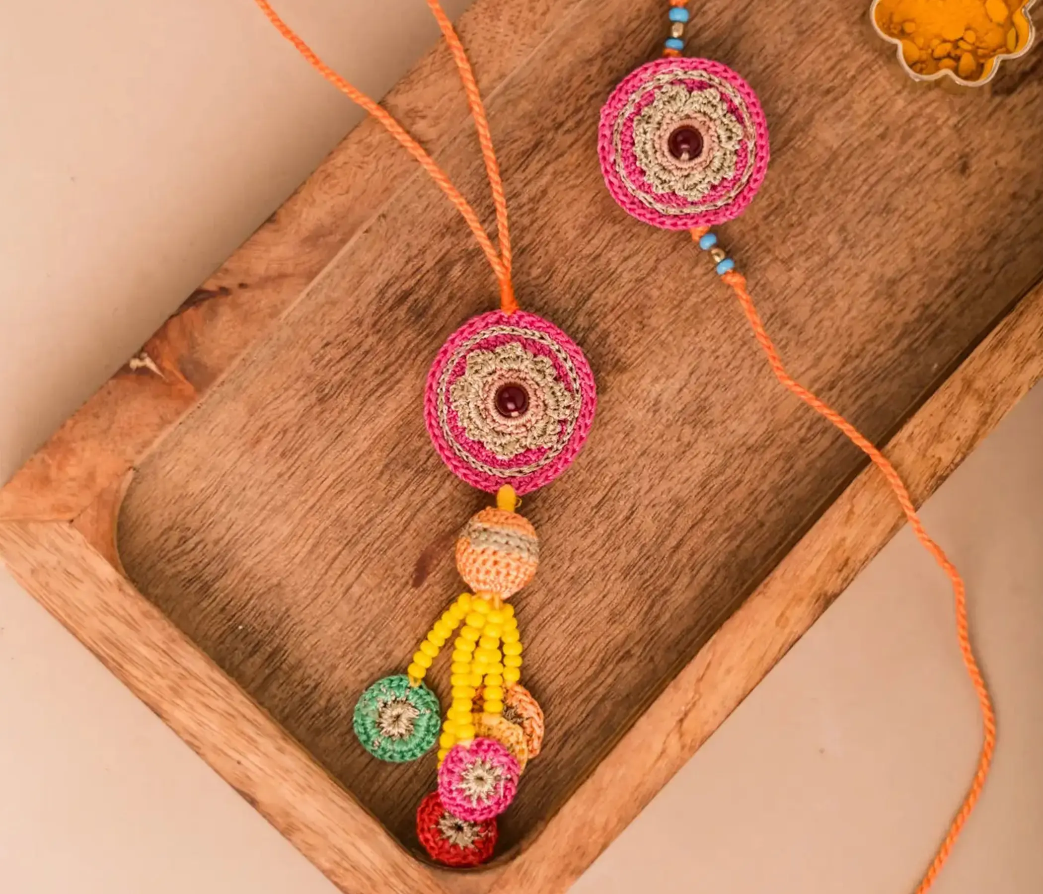 Handmade Crochet Circular Mandala Bhai Bhabhi Rakhi Set for Raksha Bandhan